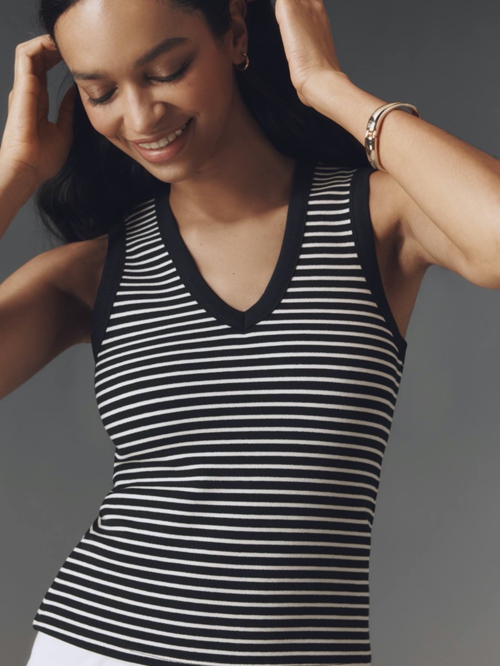 MAEVE M Black Stripe V-Neck Knit Tank Top